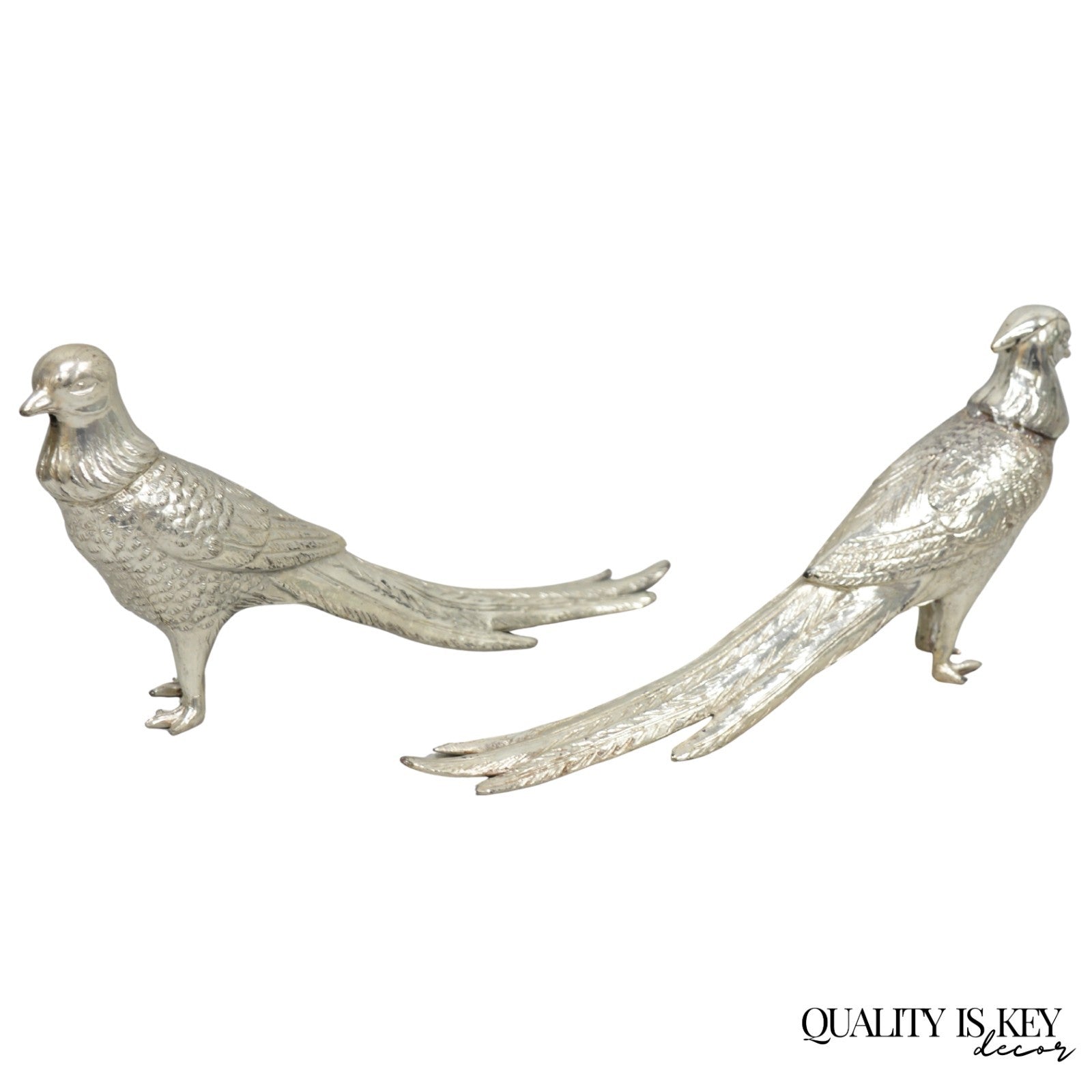 Vintage Mid Century Modern Silver Plated Pheasant Peacock Bird Figurines - Pair