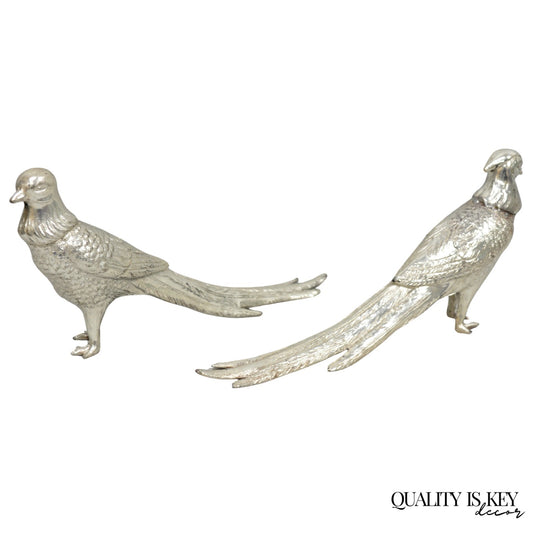 Vintage Mid Century Modern Silver Plated Pheasant Peacock Bird Figurines - Pair