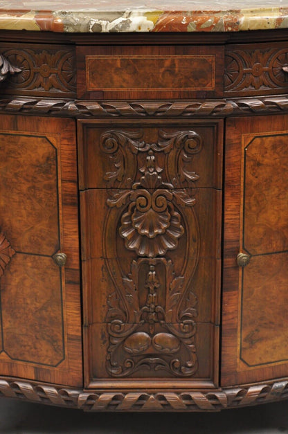 French Louis XV Baroque Style Carved Burl Walnut Rouge Marble Top Commode Server