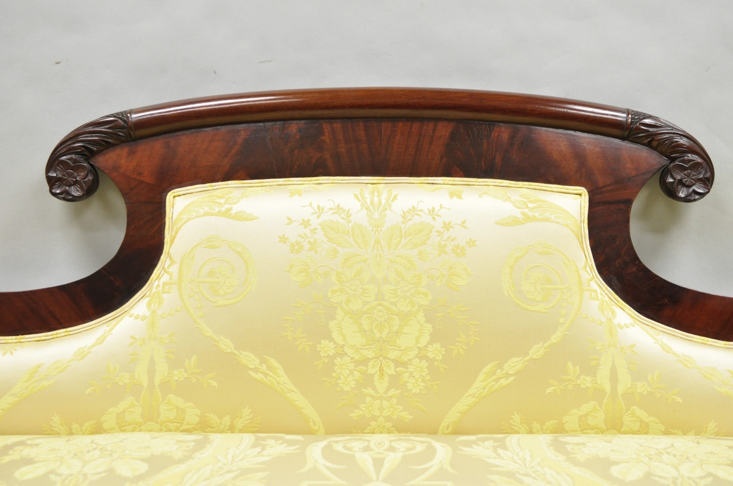 Antique American Empire Neoclassical Carved Mahogany Sofa with Gold Fabric