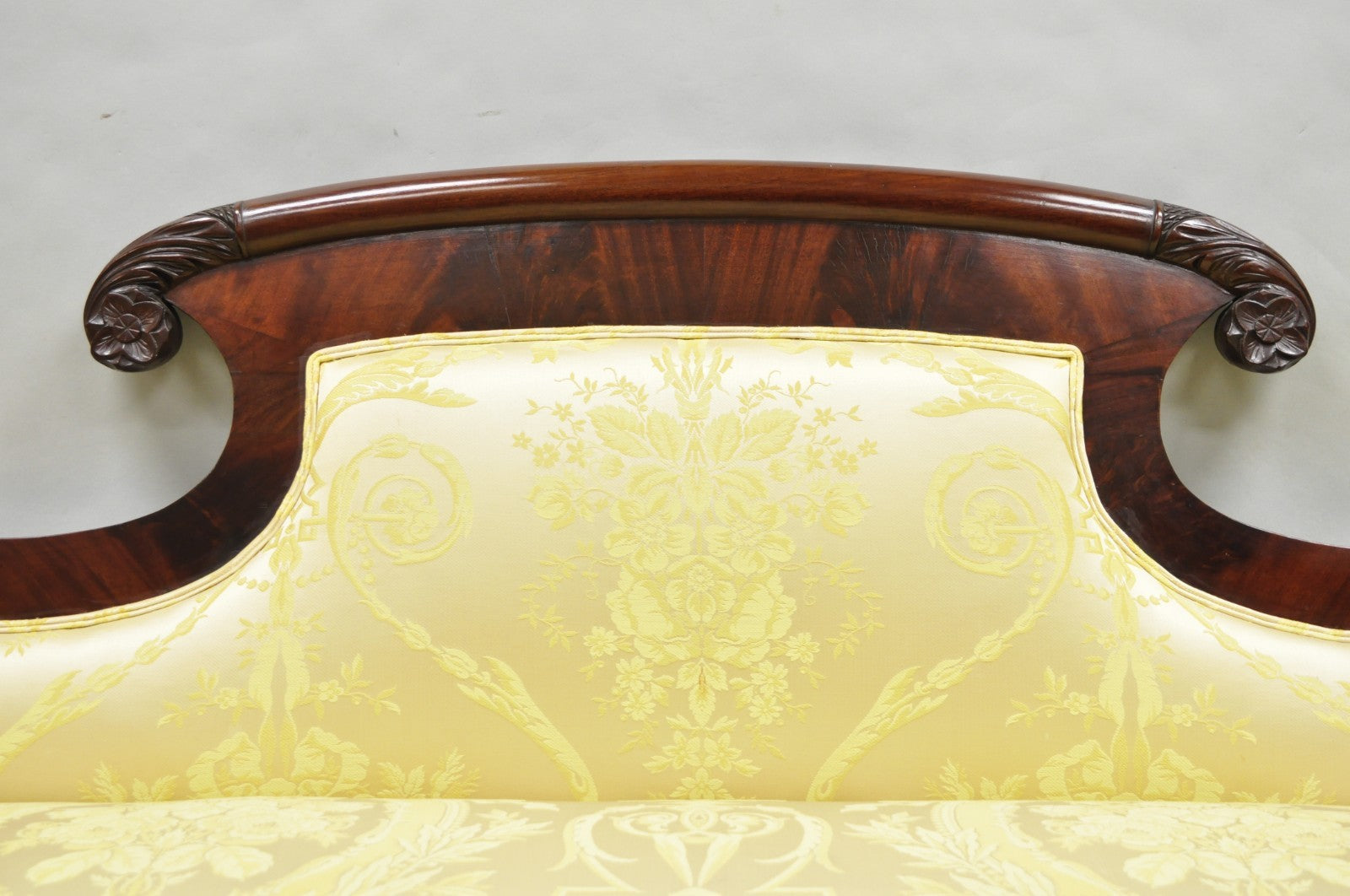 Antique American Empire Neoclassical Carved Mahogany Sofa with Gold Fabric