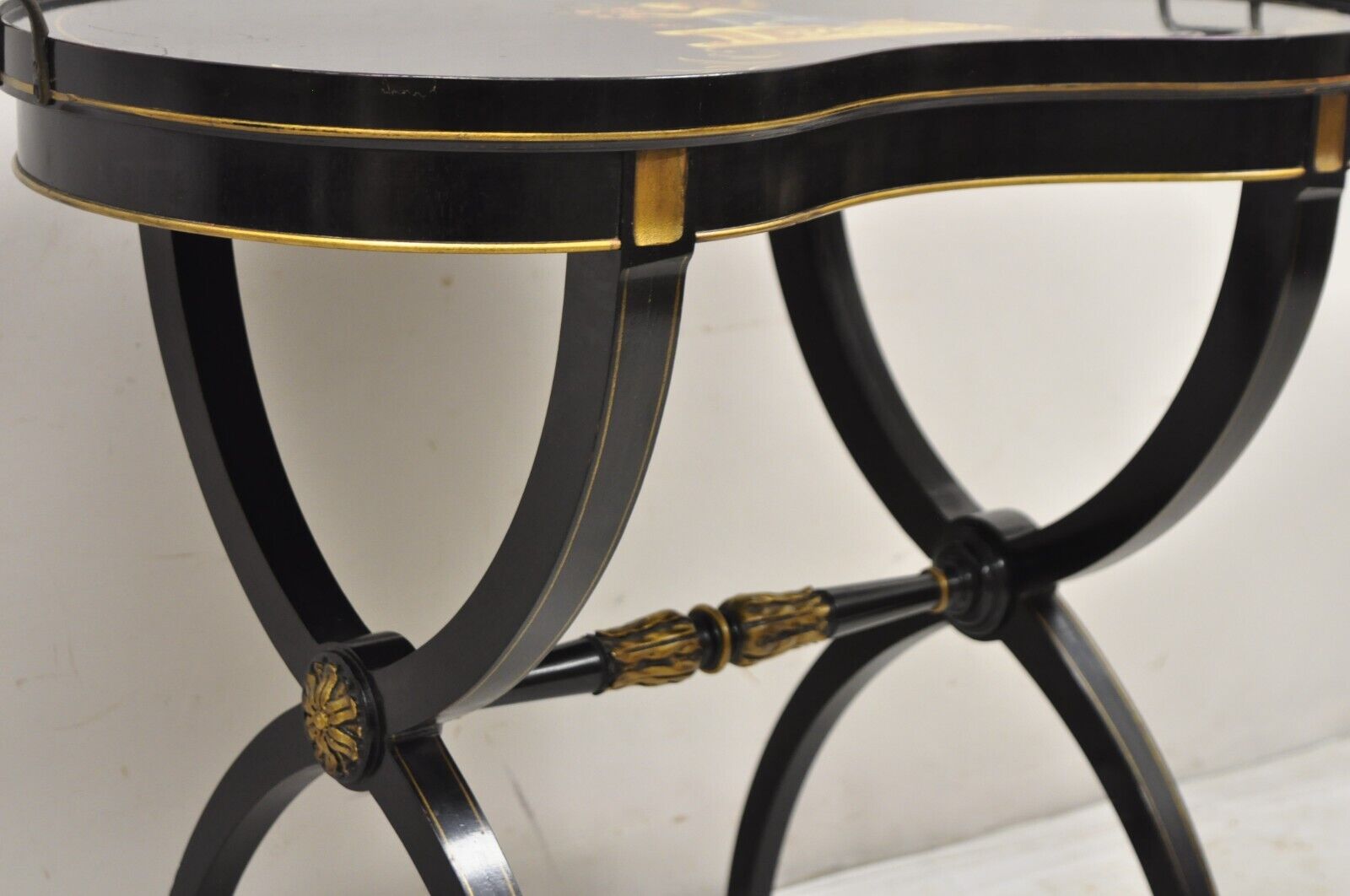 Vintage Imperial Furniture Regency Black Hand Painted Curule Kidney Side Table