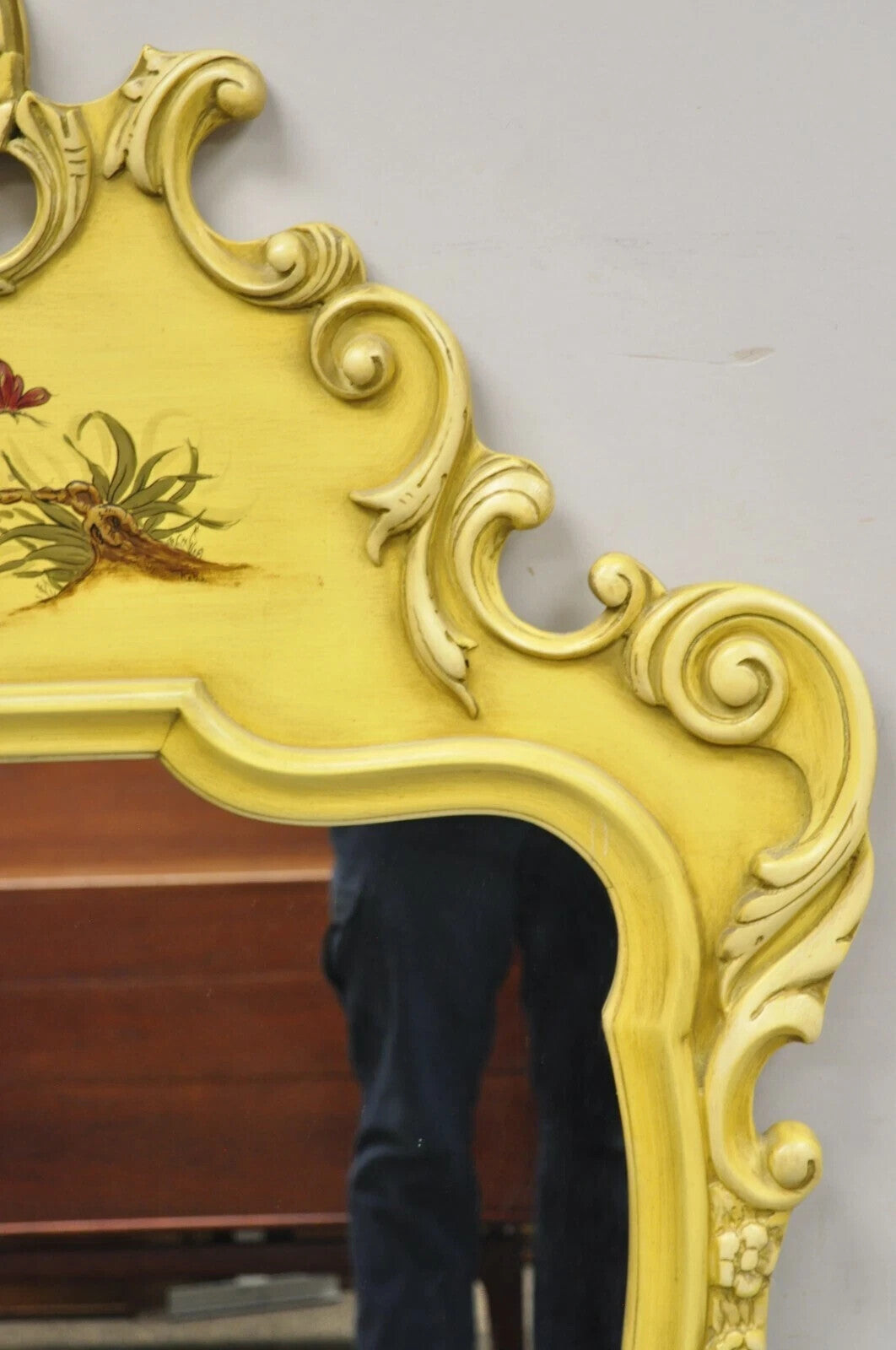 Vintage Union National Chinoiserie Yellow Shell Carved Wood Frame Wall Mirror