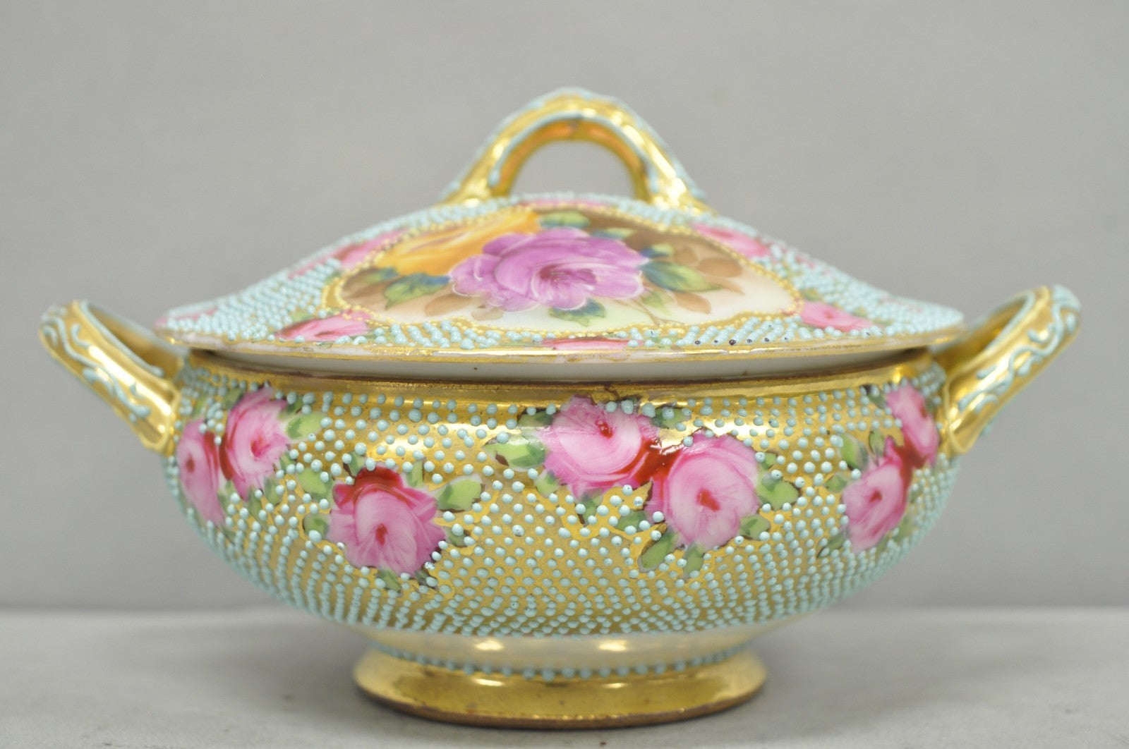 Antique Nippon Hand Painted Gold Gilt Porcelain Green Moriage Covered Sugar Bowl