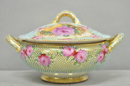 Antique Nippon Hand Painted Gold Gilt Porcelain Green Moriage Covered Sugar Bowl