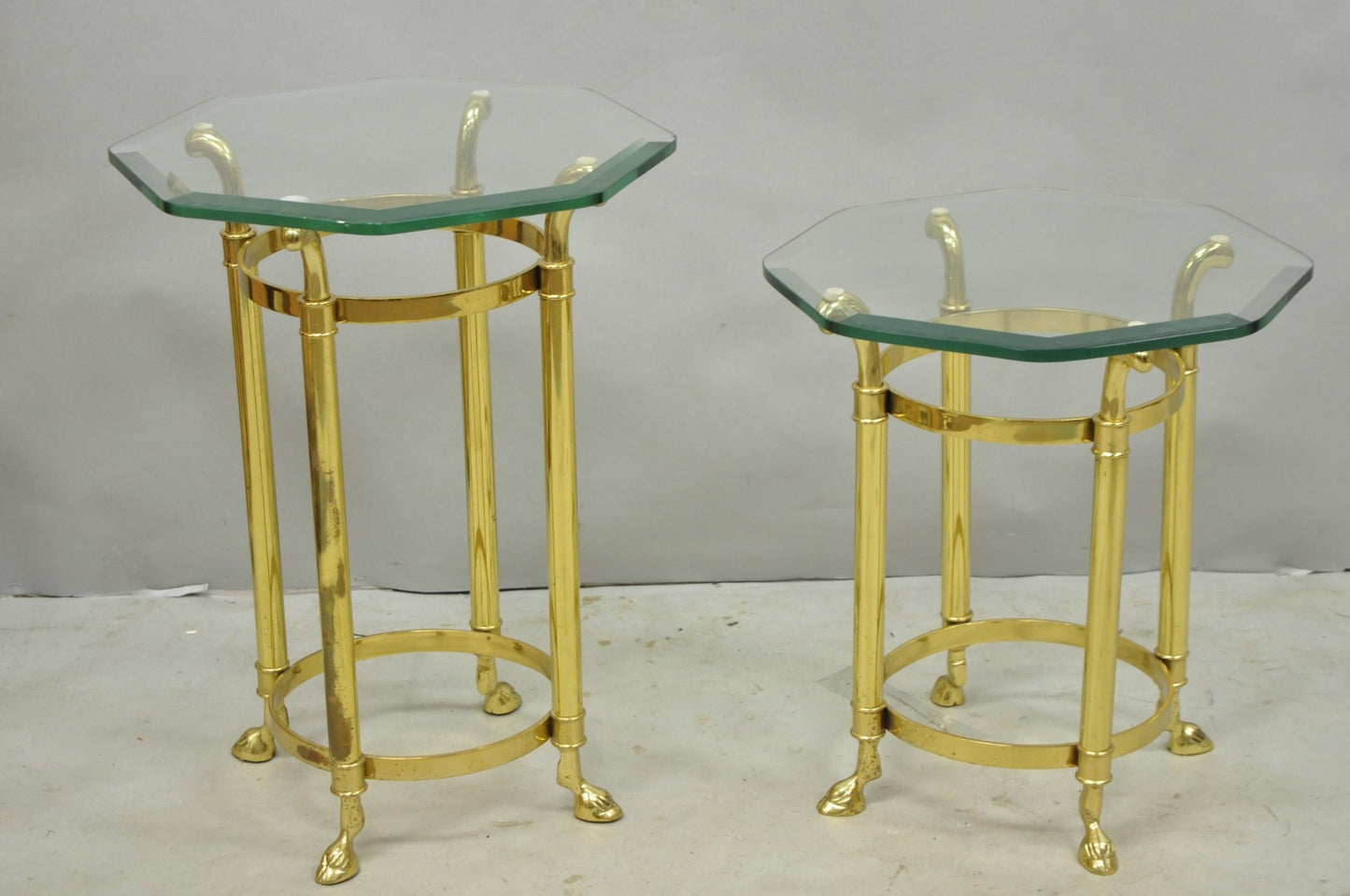 Vintage Hollywood Regency Brass Hoof Foot Glass Top Graduating Side Table - Pair
