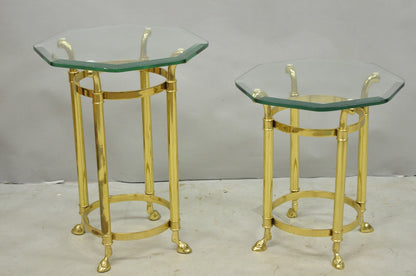 Vintage Hollywood Regency Brass Hoof Foot Glass Top Graduating Side Table - Pair