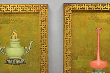 Vintage Chinoiserie Gold Hand Painted Chinese Vase Wall Panel Plaque - a Pair