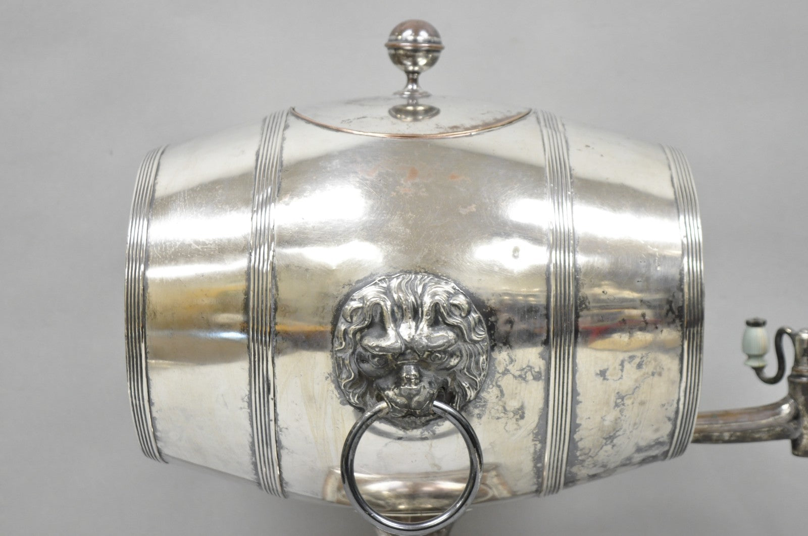 Antique English Regency Silver Plated "Whiskey Barrel" Samovar w/ Lions by B&W