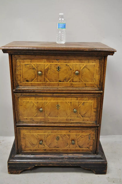 19th Century Italian Marquetry Inlay Walnut 3 Drawer Commode Chest Nightstand