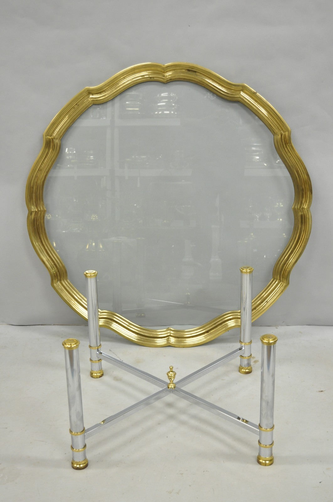 Vintage Maison Jansen Style Steel & Brass Scalloped Glass Tray Top Coffee Table