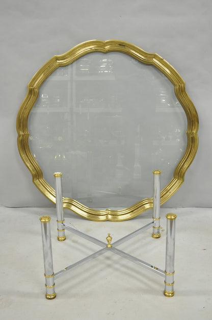 Vintage Maison Jansen Style Steel & Brass Scalloped Glass Tray Top Coffee Table
