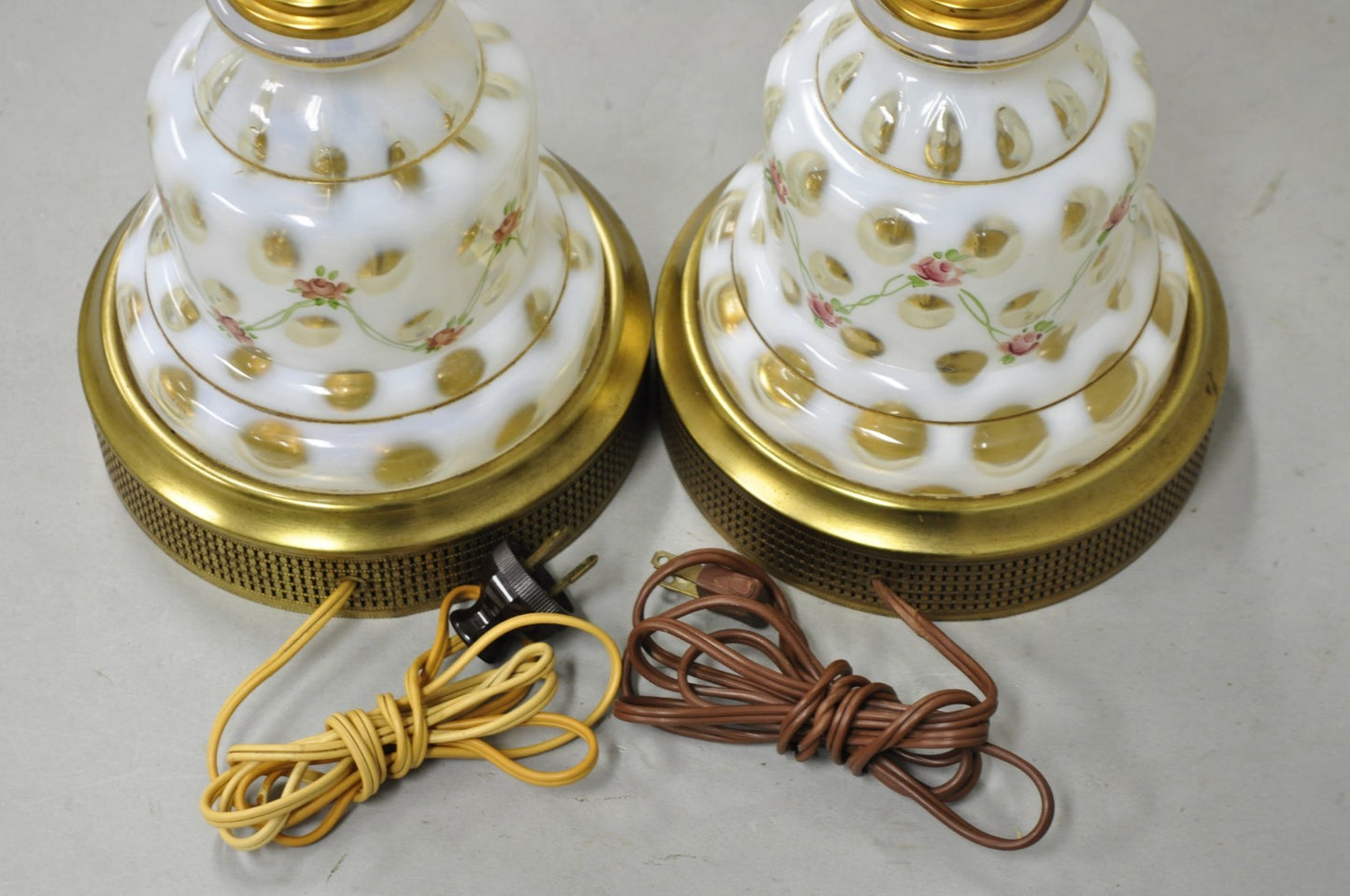 Antique Victorian White Czech Bohemian Rose Pink Painted Table Lamps - a Pair