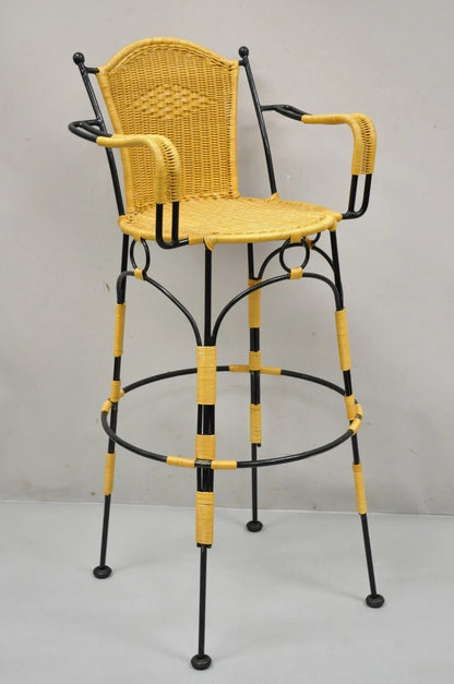 French Country Wrought Iron Woven Vinyl Rattan Bar Stools With Arms - Set of 4