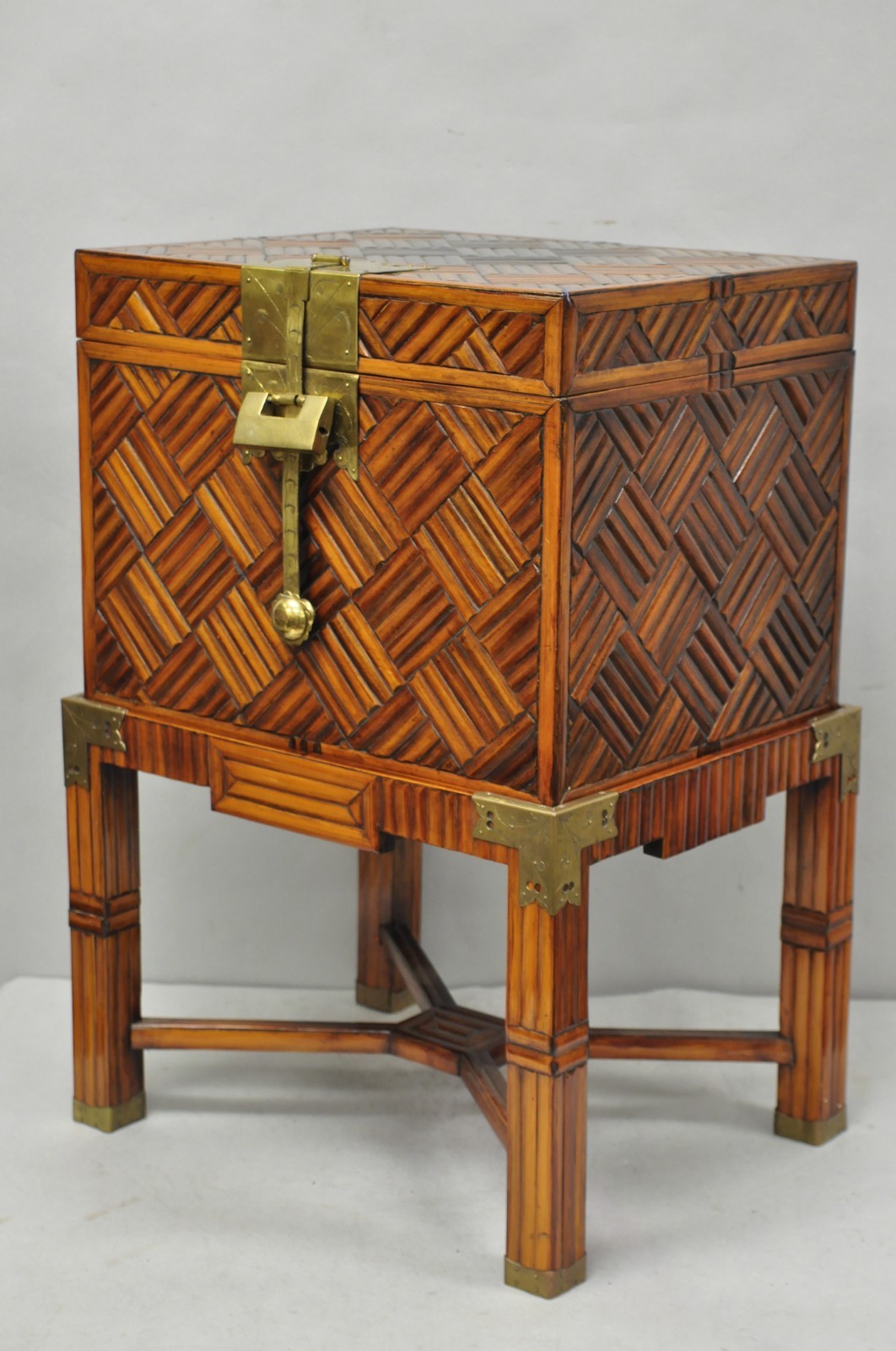 Furniture Classics Ltd Chinese Teak & Bamboo Campaign Chest Side Table on Stand