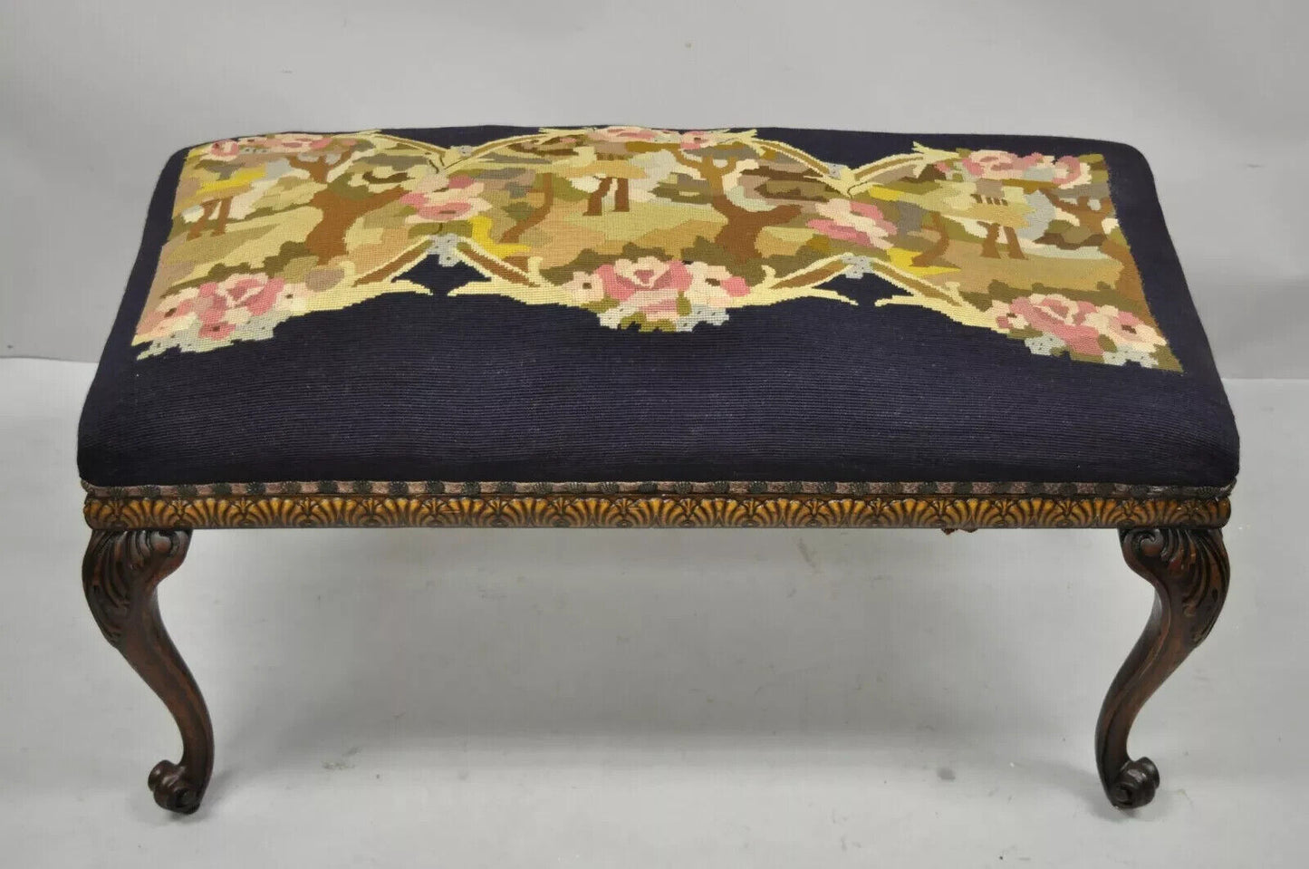 Antique French Victorian Needlepoint Carved Mahogany Cabriole Leg Bench