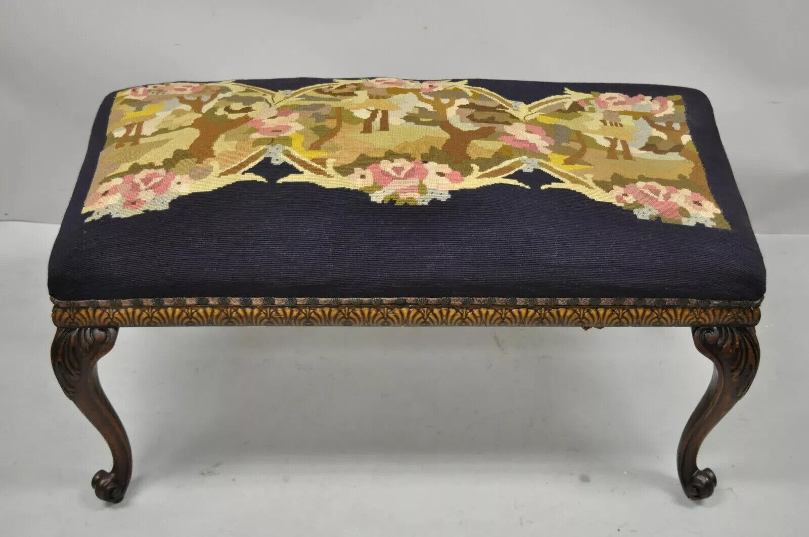 Antique French Victorian Needlepoint Carved Mahogany Cabriole Leg Bench
