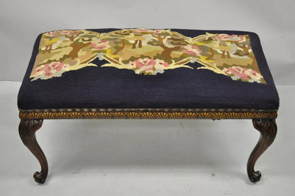 Antique French Victorian Needlepoint Carved Mahogany Cabriole Leg Bench