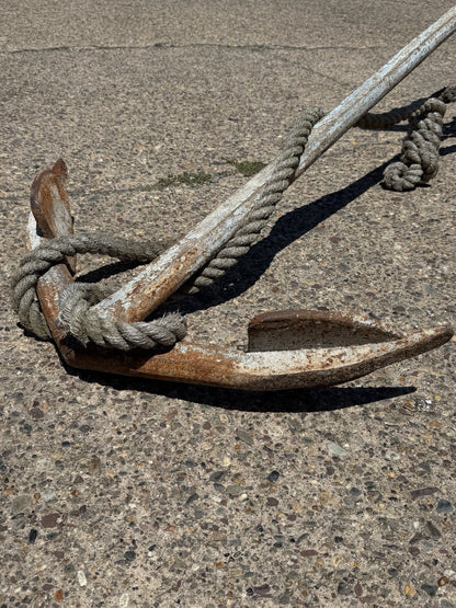 Antique English Victorian Maritime Cast Iron Large Boat Ship's Anchor and Rope