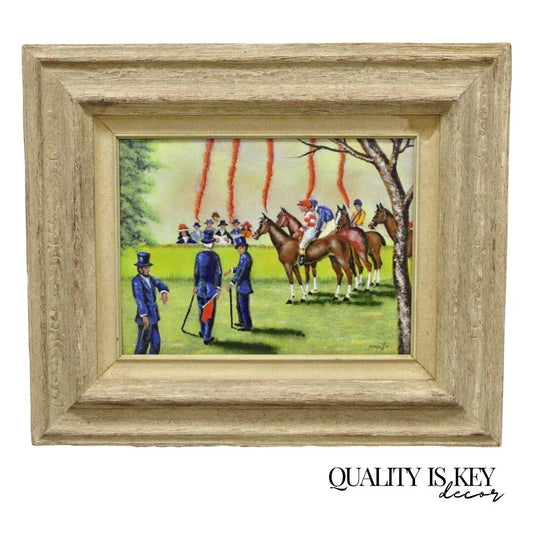 Dom Dominic Mingolla Enamel on Copper Framed Painting Horse Jockey Race Derby