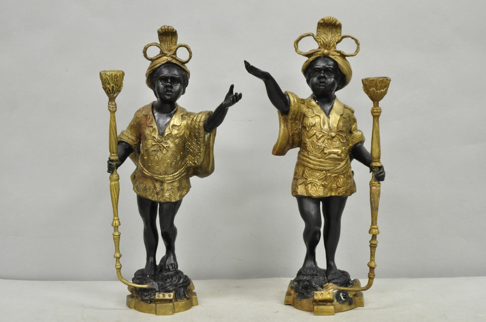 Vintage Moorish Venetian Blackamoor Figural Bronze Candelabra Candle Holder Pair