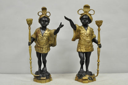 Vintage Moorish Venetian Blackamoor Figural Bronze Candelabra Candle Holder Pair