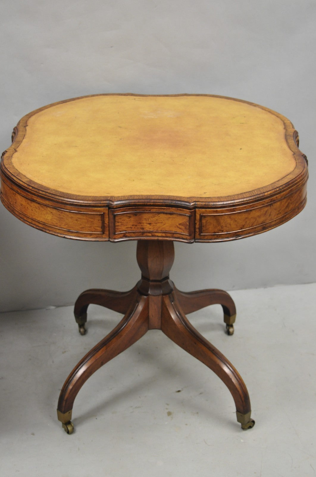 Vintage English Regency Leather Top Mahogany Drum End Table w/ 4 Drawers - Pair