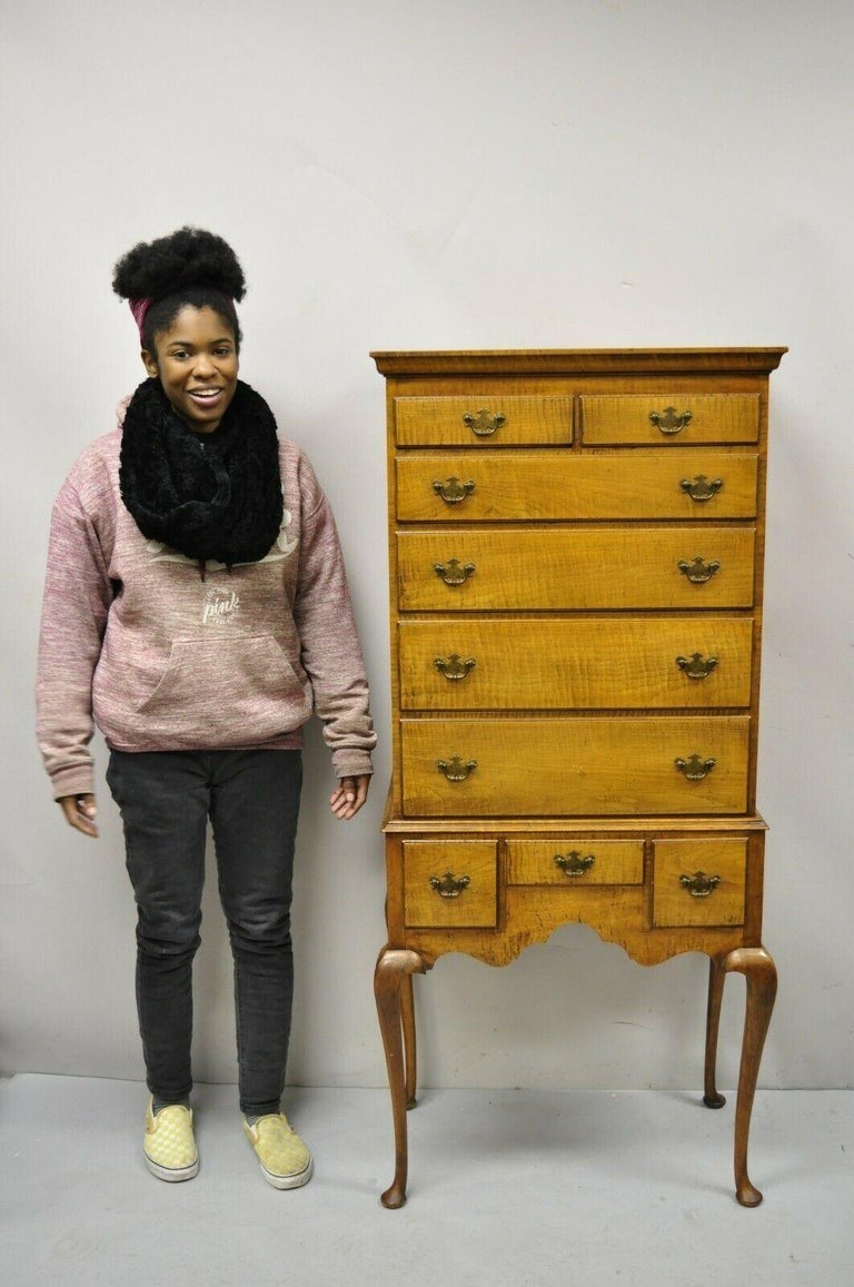 Antique New England Queen Anne Curly Tiger Maple Small Chest Dresser Highboy