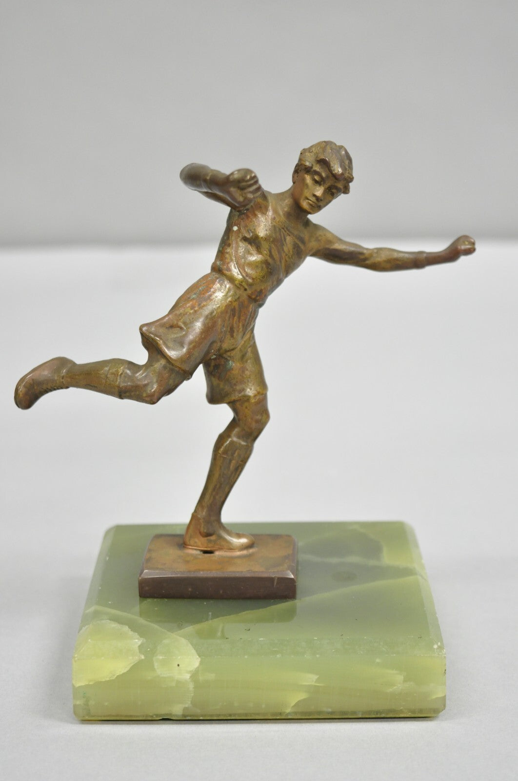 Antique Art Deco Small 6" Bronze Onyx Base Soccer Futbol Player Sculpture Figure