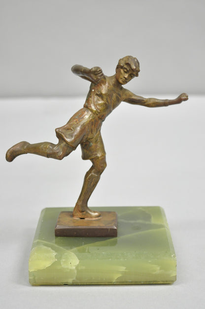Antique Art Deco Small 6" Bronze Onyx Base Soccer Futbol Player Sculpture Figure
