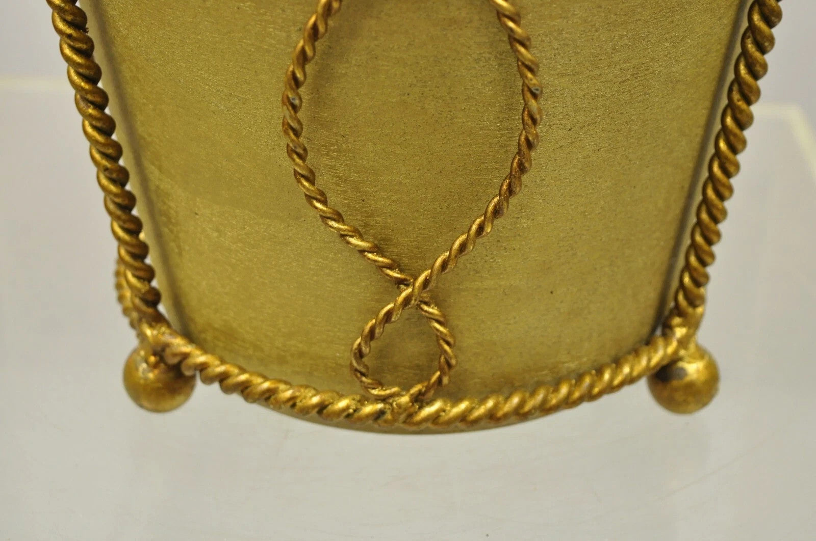 Vintage Italian Hollywood Regency Gold Gilt Iron Tole Wastebasket Trashcan