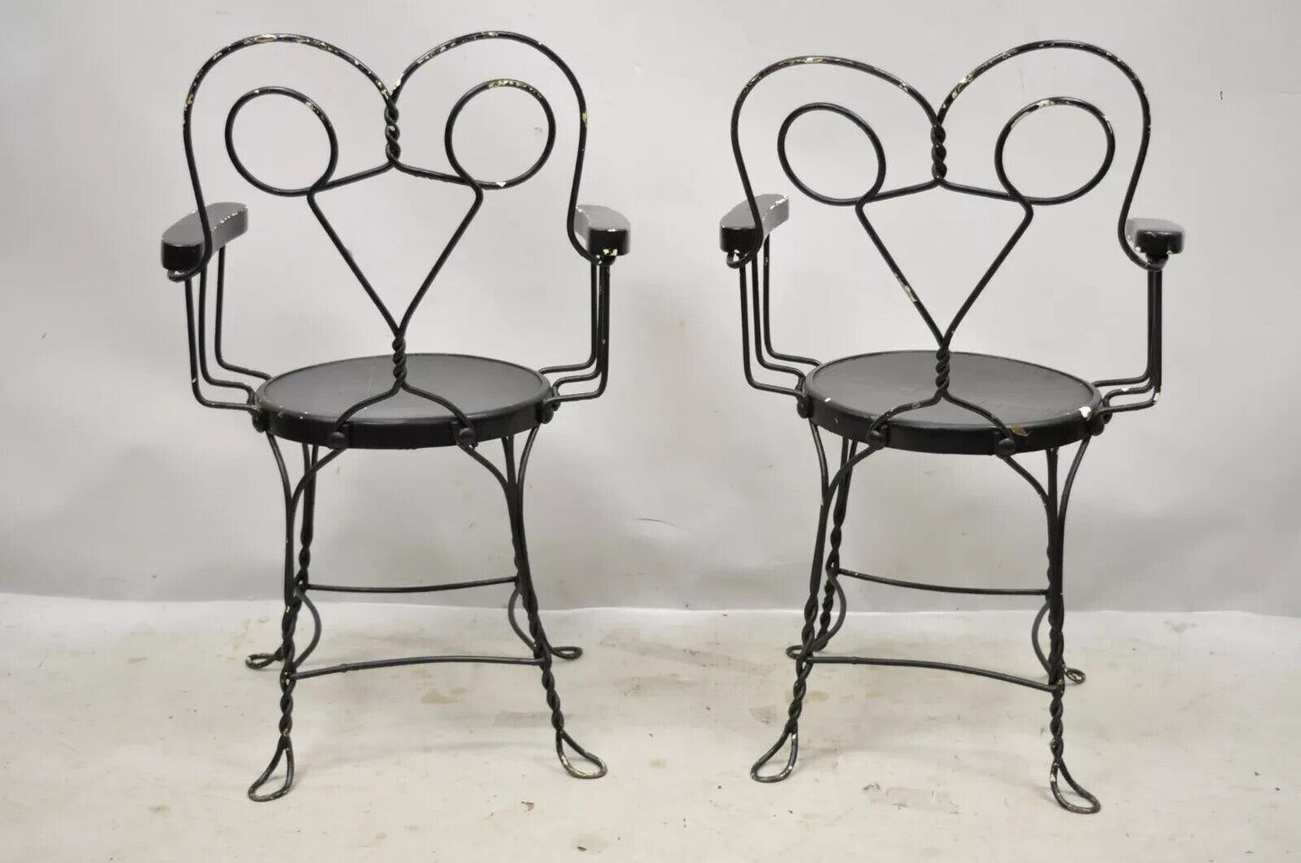 Antique Wrought Iron Twisted Metal Ice Cream Parlor Arm Chairs Wood Arms - Pair