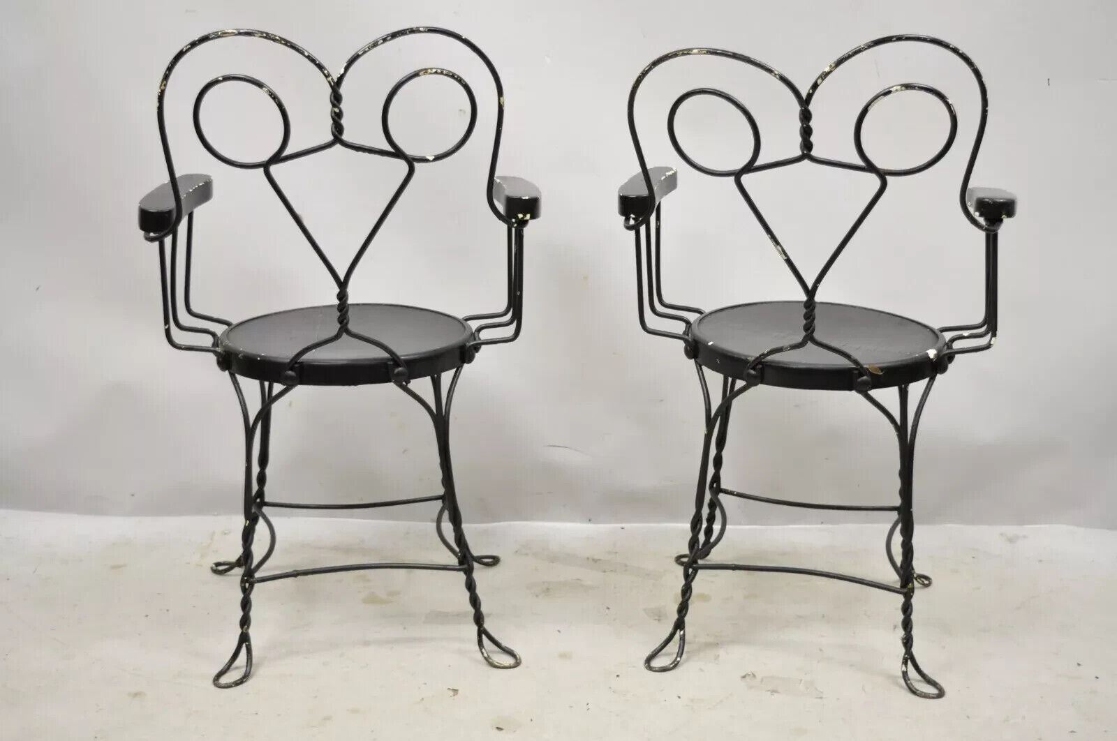 Antique Wrought Iron Twisted Metal Ice Cream Parlor Arm Chairs Wood Arms - Pair