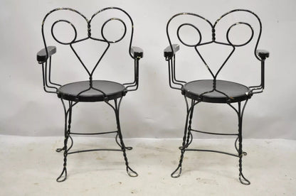Antique Wrought Iron Twisted Metal Ice Cream Parlor Arm Chairs Wood Arms - Pair