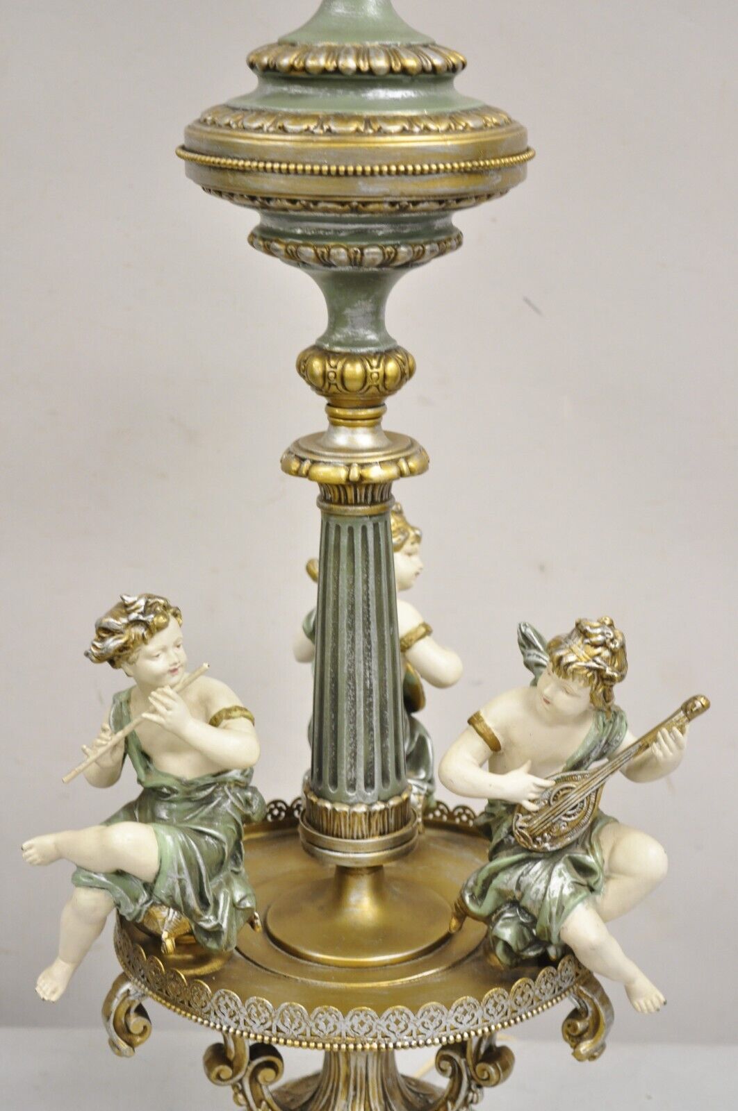 Vintage French Victorian Renaissance Figural Cherub Musician Metal Table Lamp