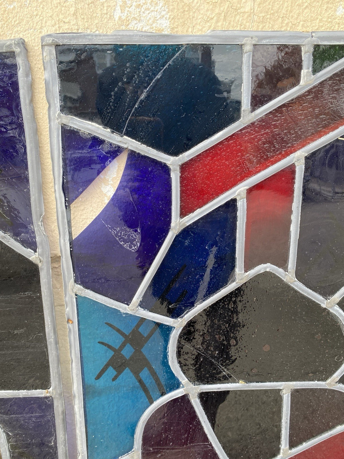 Vintage Art Deco Blue & Red Leaded Stained Glass Church Window w/ Cross - 6 Pcs