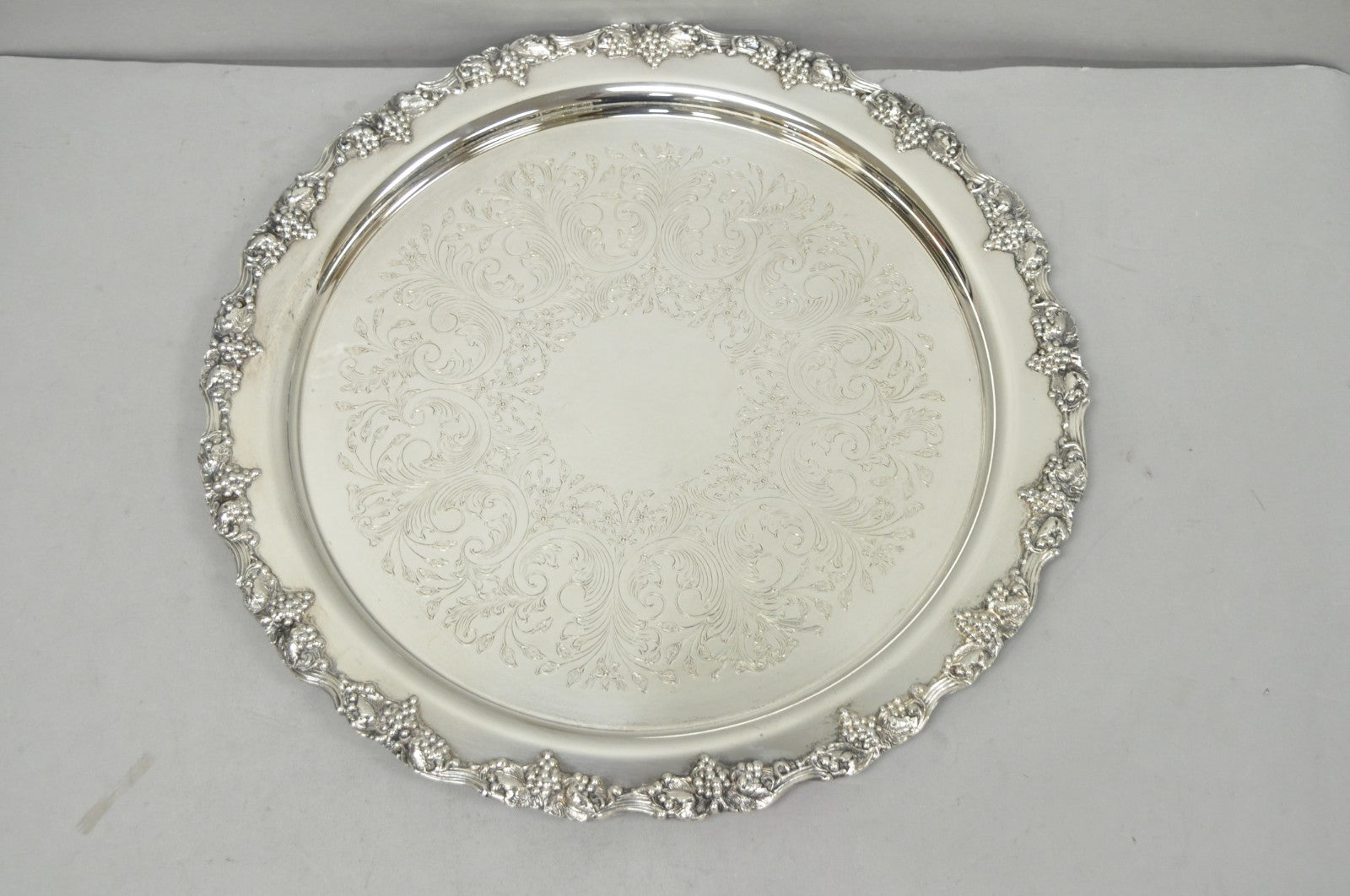 Vintage Victorian Silver Plated Grapevine Repousse 20" Round Serving Platter