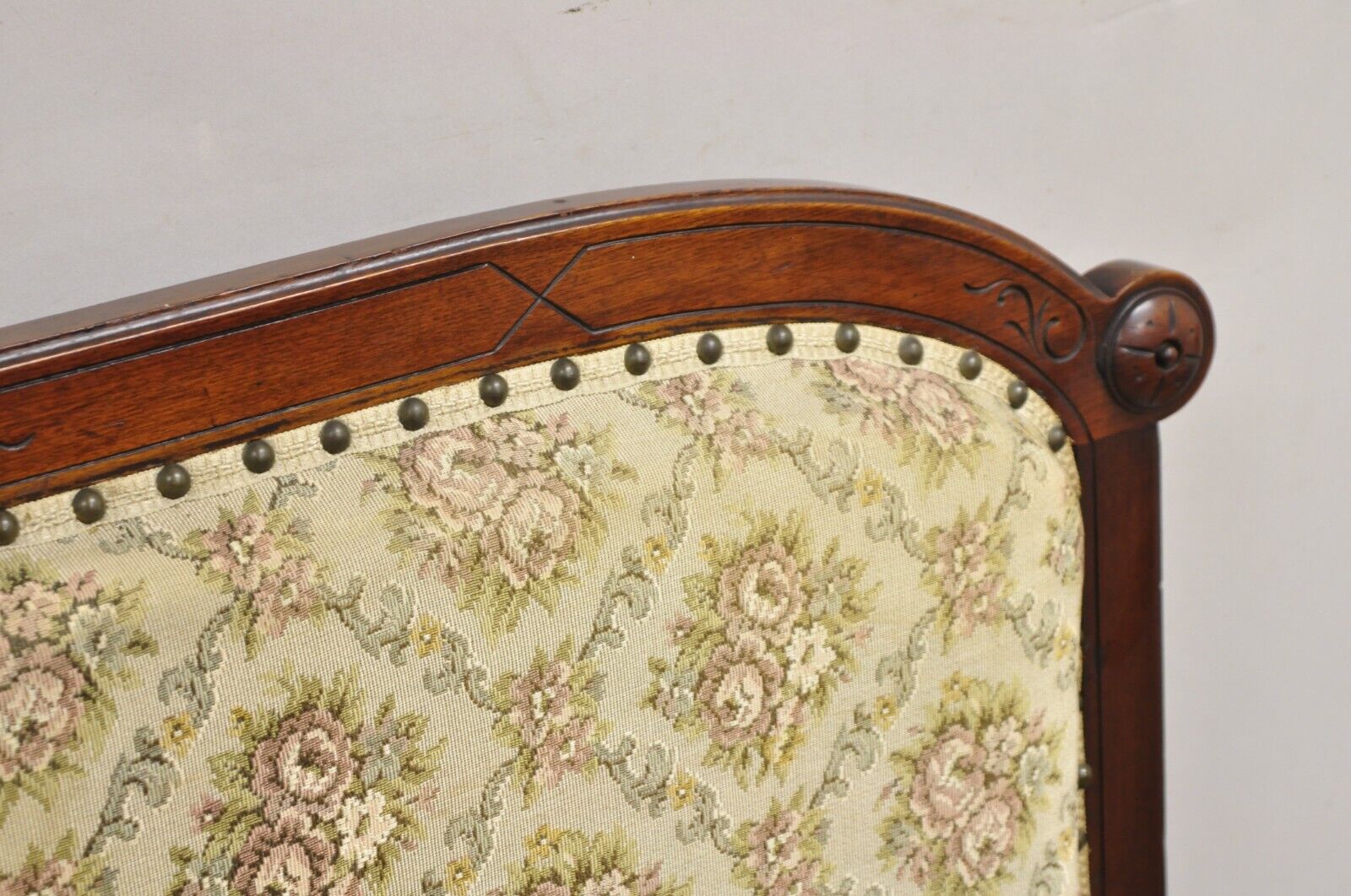 Antique Eastlake Victorian Carved Walnut Floral Upholstered Parlor Sofa Loveseat
