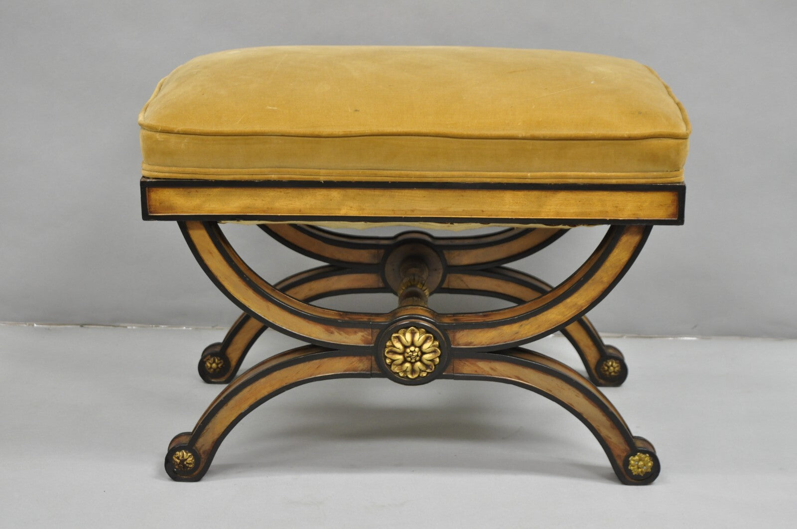 Vintage Italian Regency Style Curule Carved Walnut Upholstered X-Bench Stool