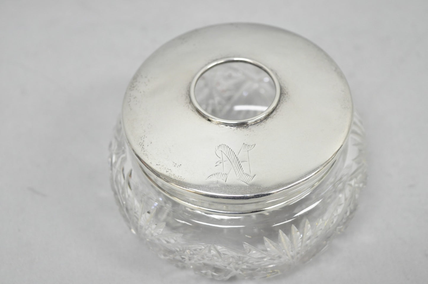 Antique Victorian Sterling Silver Crystal Glass Vanity Hair Receiver "N" Mono