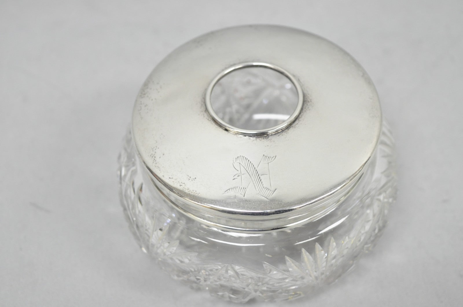 Antique Victorian Sterling Silver Crystal Glass Vanity Hair Receiver "N" Mono