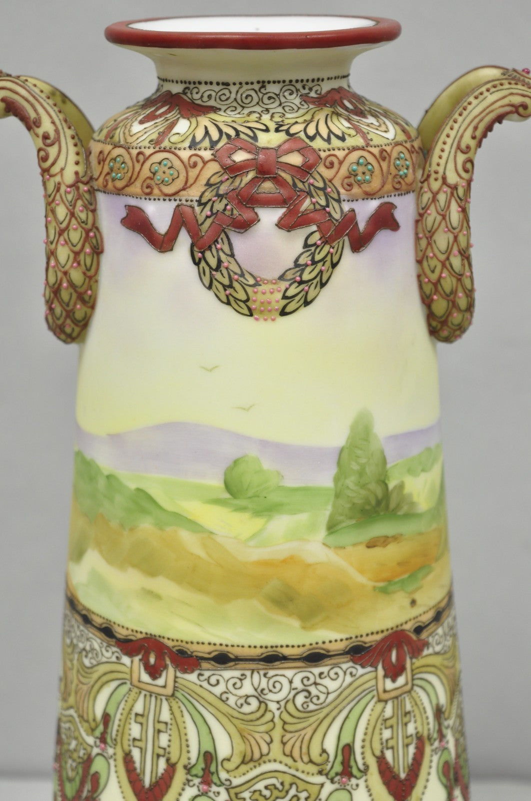 Antique Nippon Hand Painted Porcelain Countryside Moriage Tall Twin Handle Vase