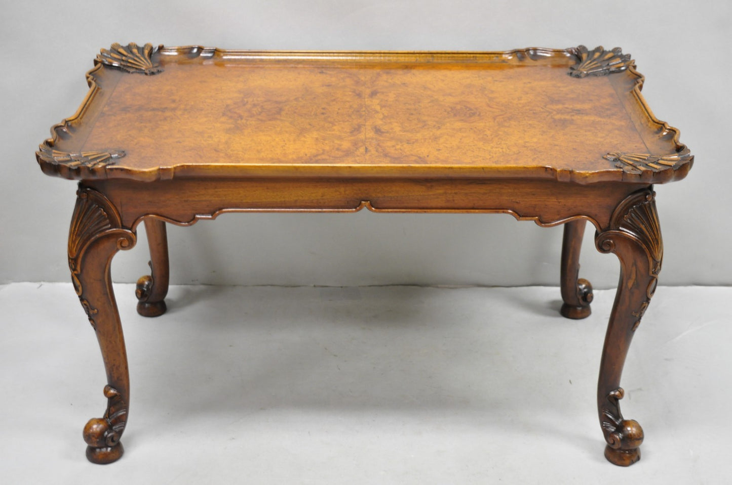 Antique English Georgian Style Burl Walnut Shell Carved Scalloped Coffee Table