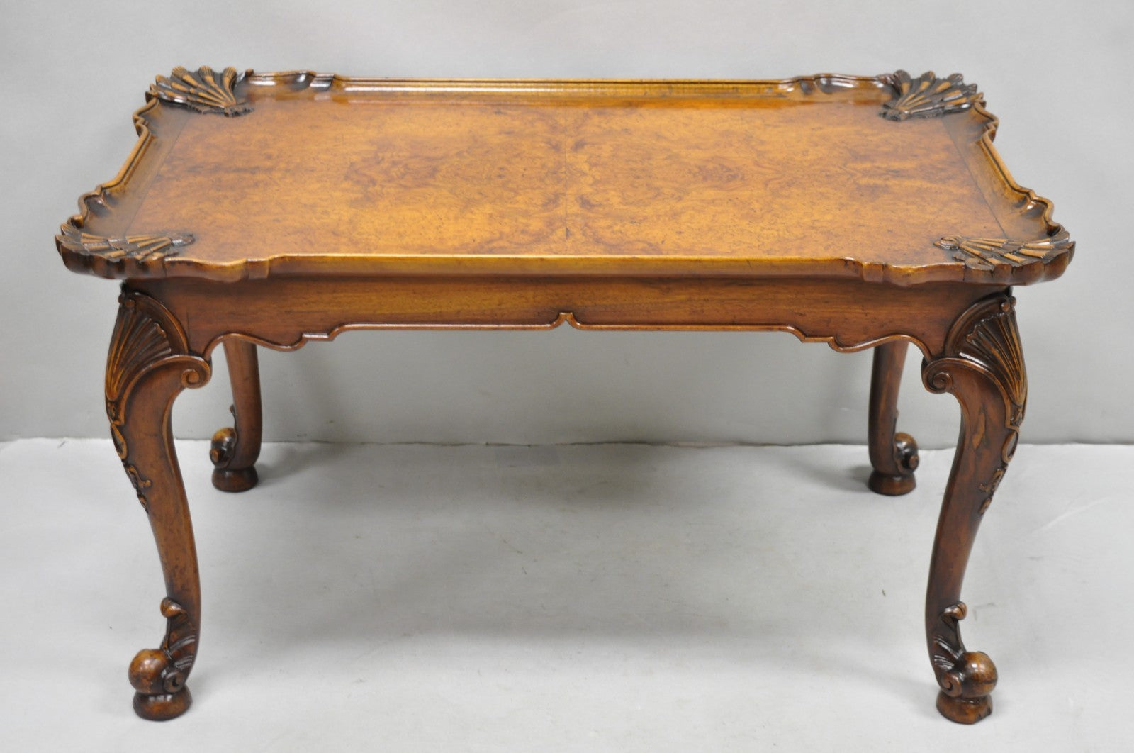 Antique English Georgian Style Burl Walnut Shell Carved Scalloped Coffee Table