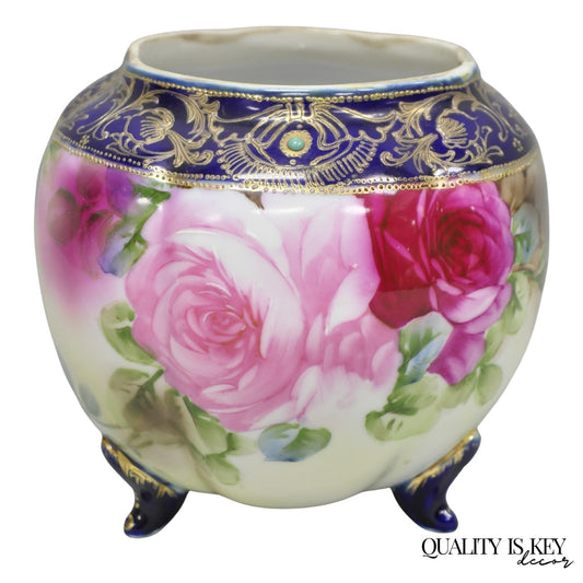 Antique Nippon Hand Painted Moriage Pink Rose Porcelain Biscuit Jar Vase