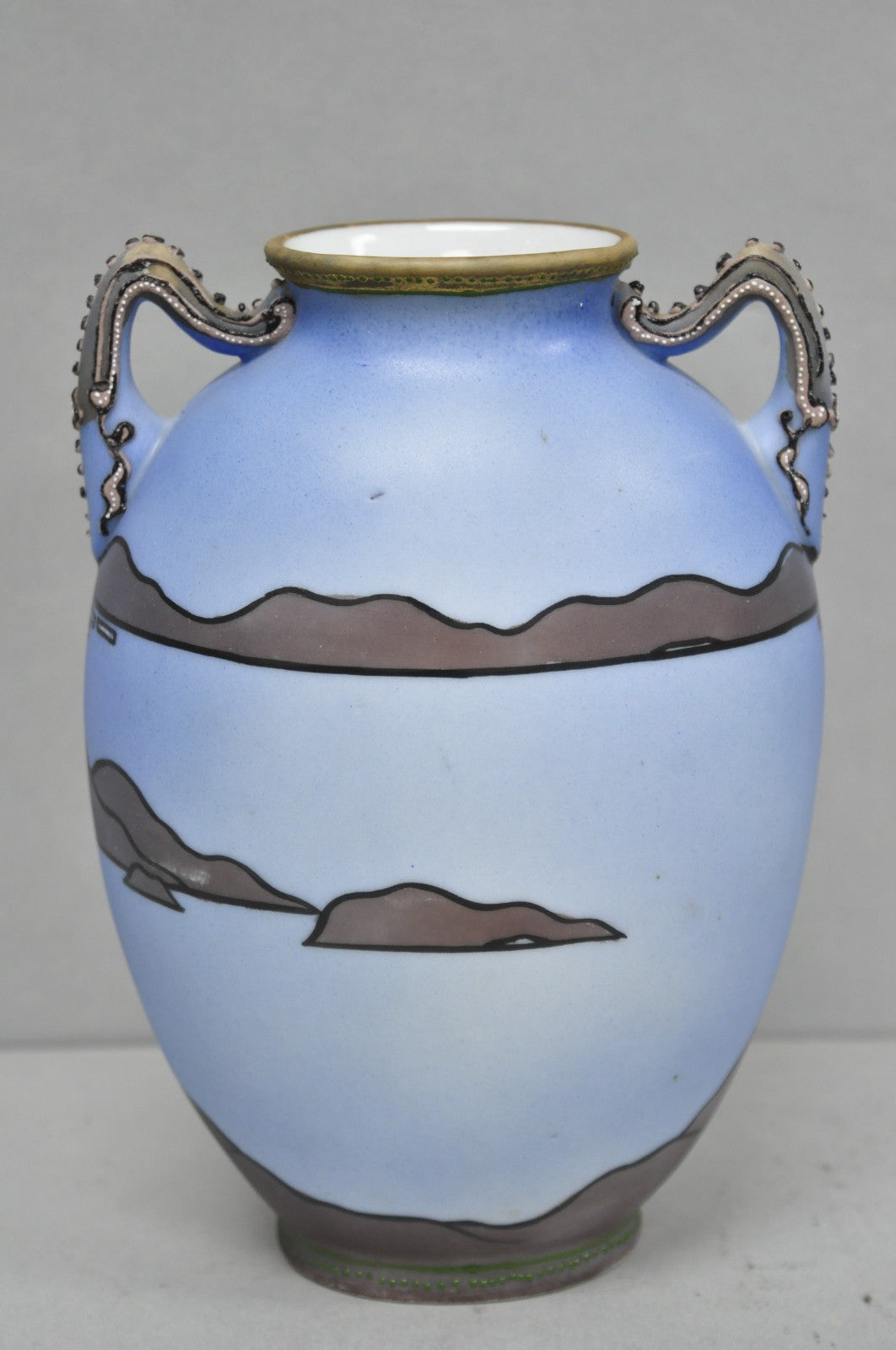 Antique Hand Painted Blue Nippon Porcelain Halloween Pattern Twin Handle Vase