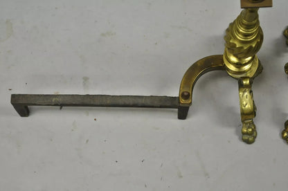 Antique Empire Brass Cast Iron Lion Head Spiral Twist Paw Feet Andirons - a Pair