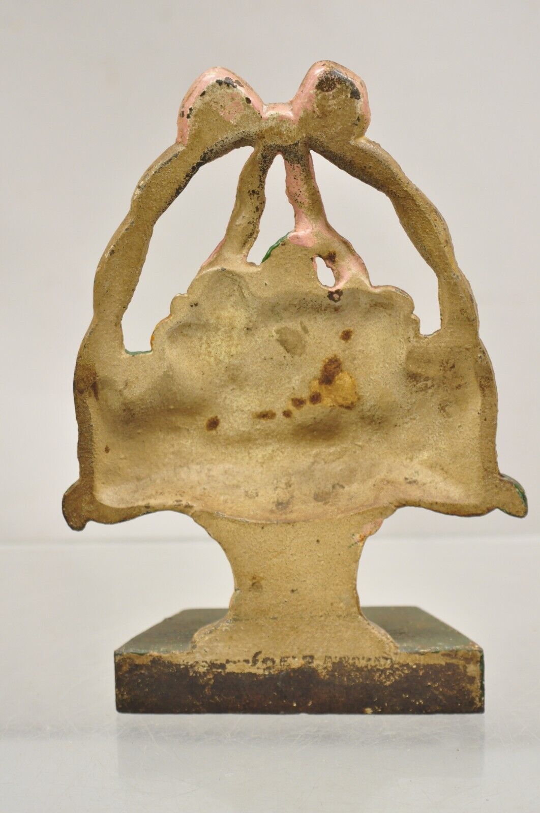 Antique Victorian Cast Iron Painted Floral Bouquet Pink Bow Basket Door Stop