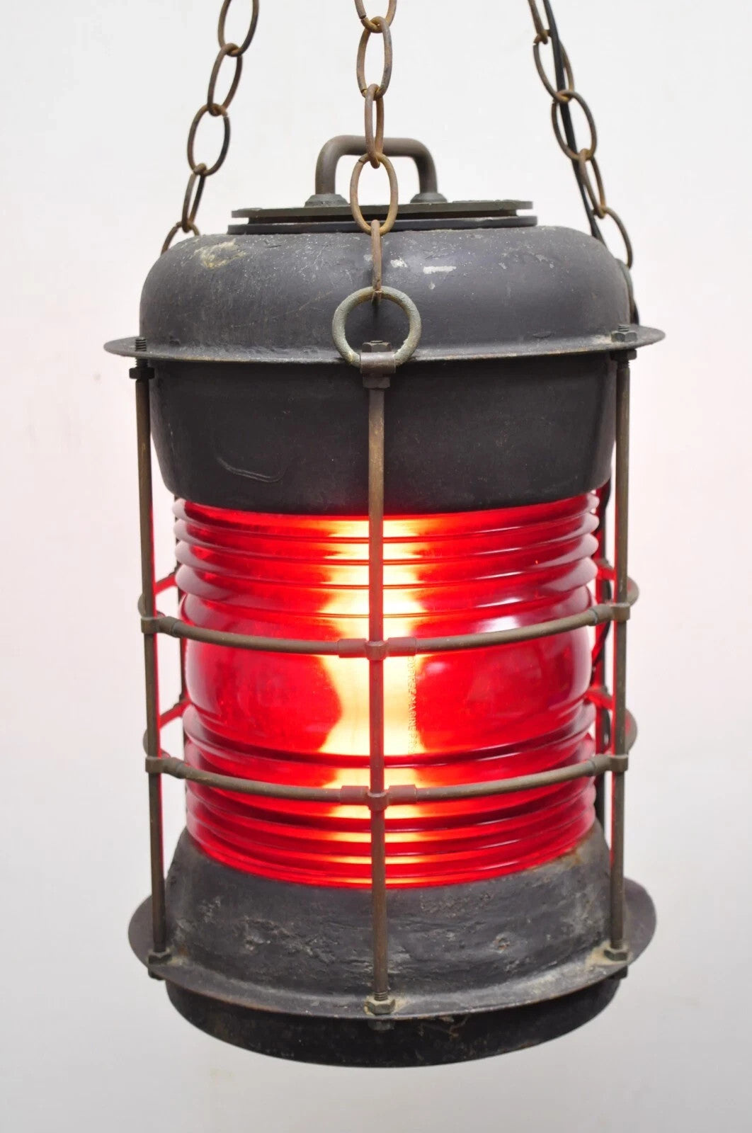 Antique Durkee Marine Ship Lantern Fixture Red Fresnel Pendant Chandelier (B)