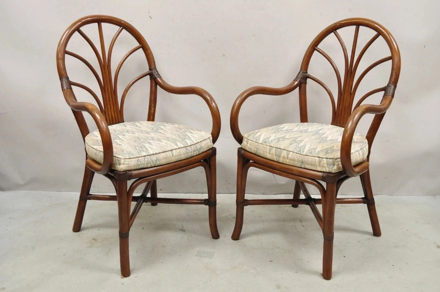 Vintage Hollywood Regency Bentwood Rattan Fan Back Dining Chairs - Set of 4